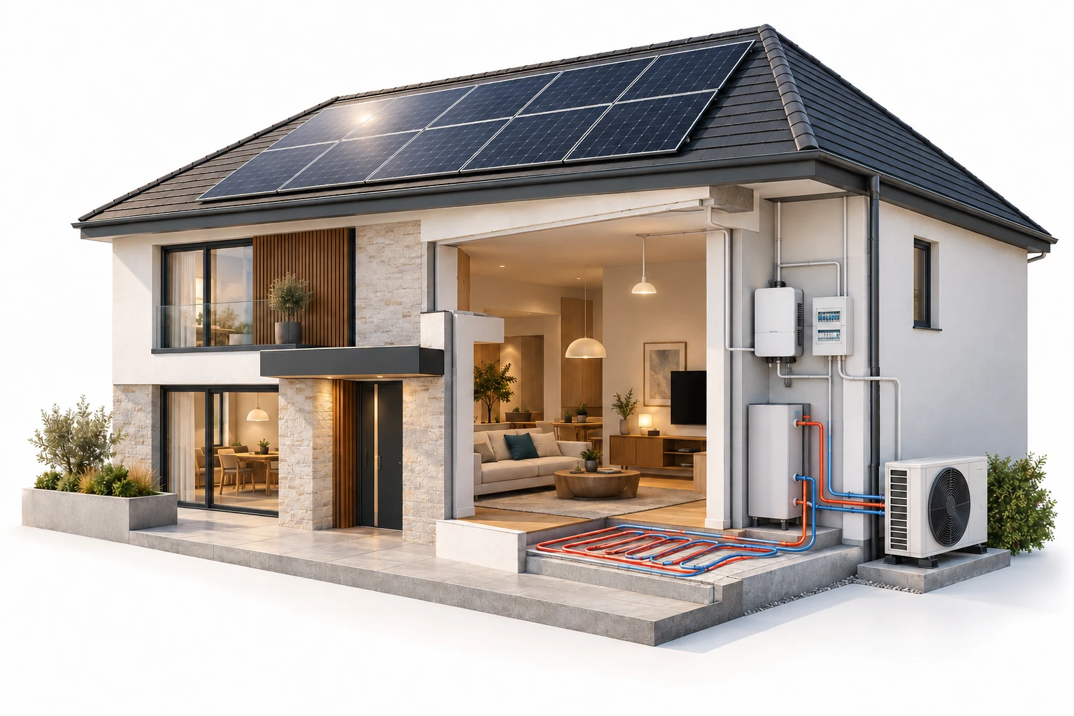 Enetech | Fotovoltaico, energia ed efficientamento a Potenza Abitazione in sezione con fotovoltaico sul tetto, inverter e quadro elettrico, pompa di calore esterna e riscaldamento a pavimento.